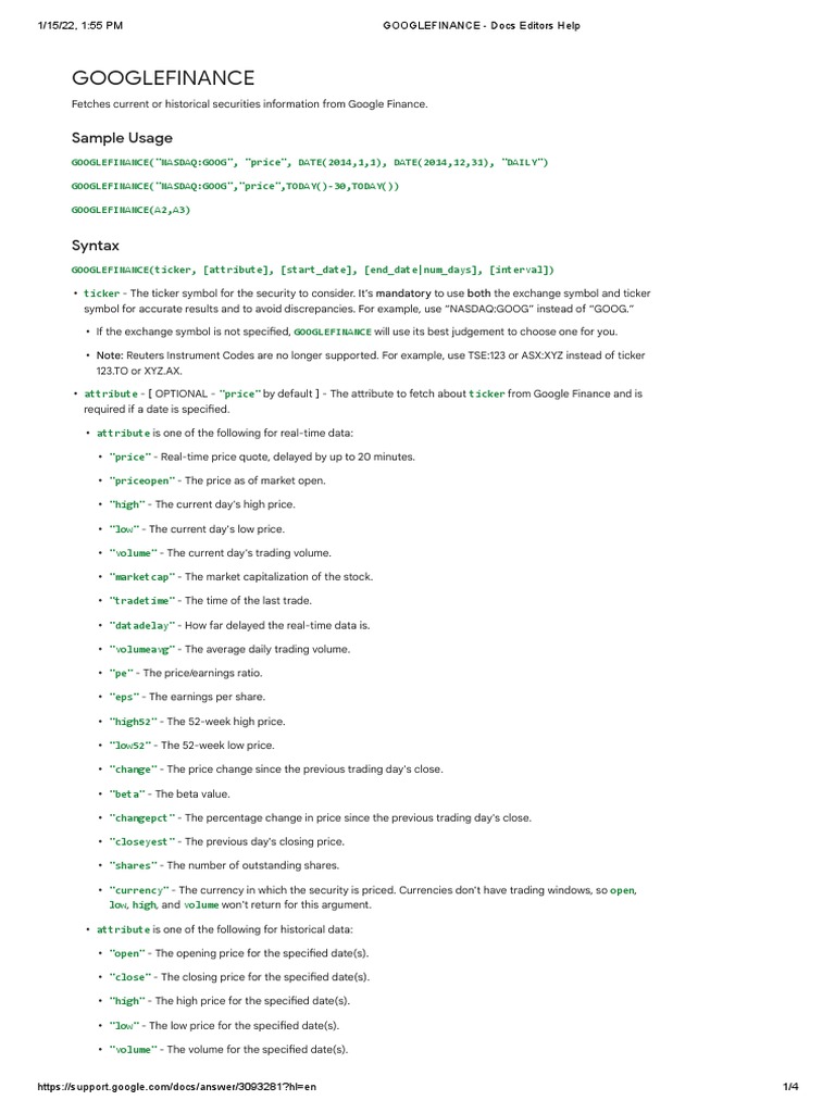 GOOGLEFINANCE - Docs Editors Help | PDF | Economies | Market (Economics)