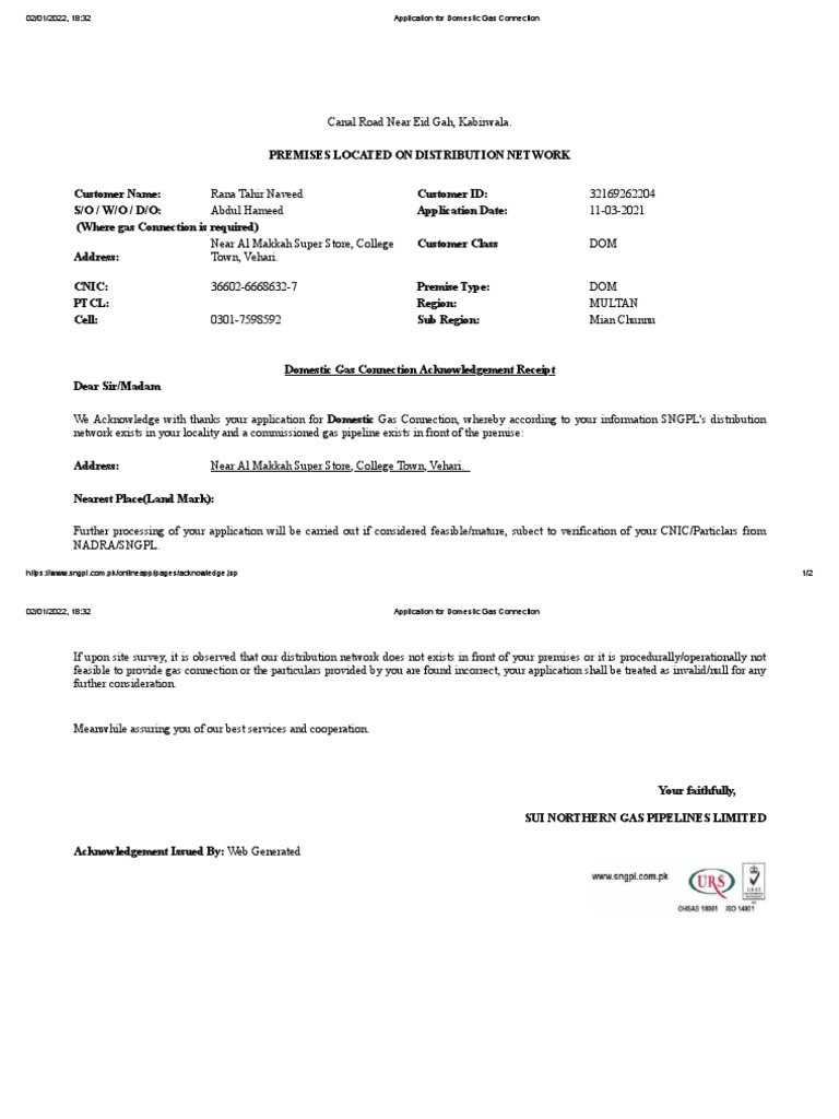 APPLICATION FOR DOMESTIC GAS CONNECTION intelligence overview