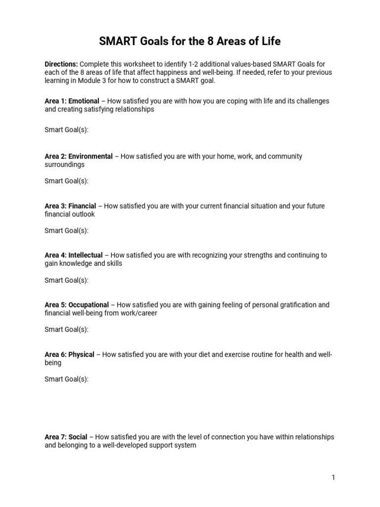 SMART Goals for Life Areas Worksheet | PDF | Self-Improvement