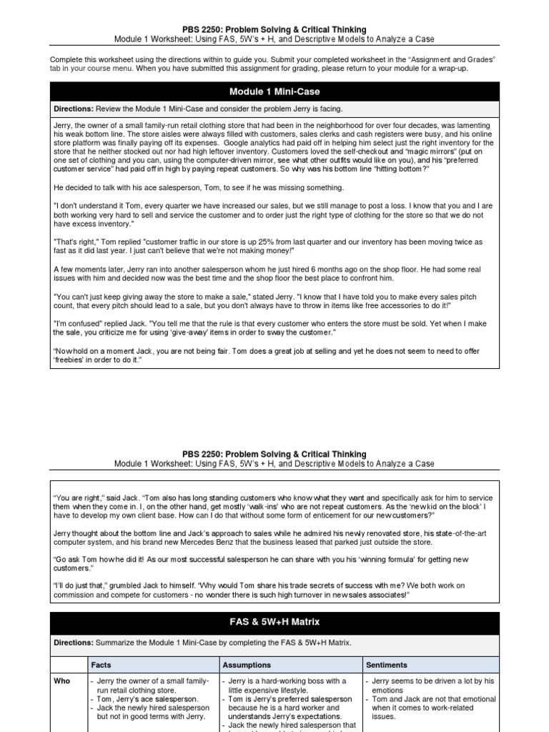 Module 1 Mini-Case: Module 1 Worksheet: Using FAS, 5W's + H, and ...