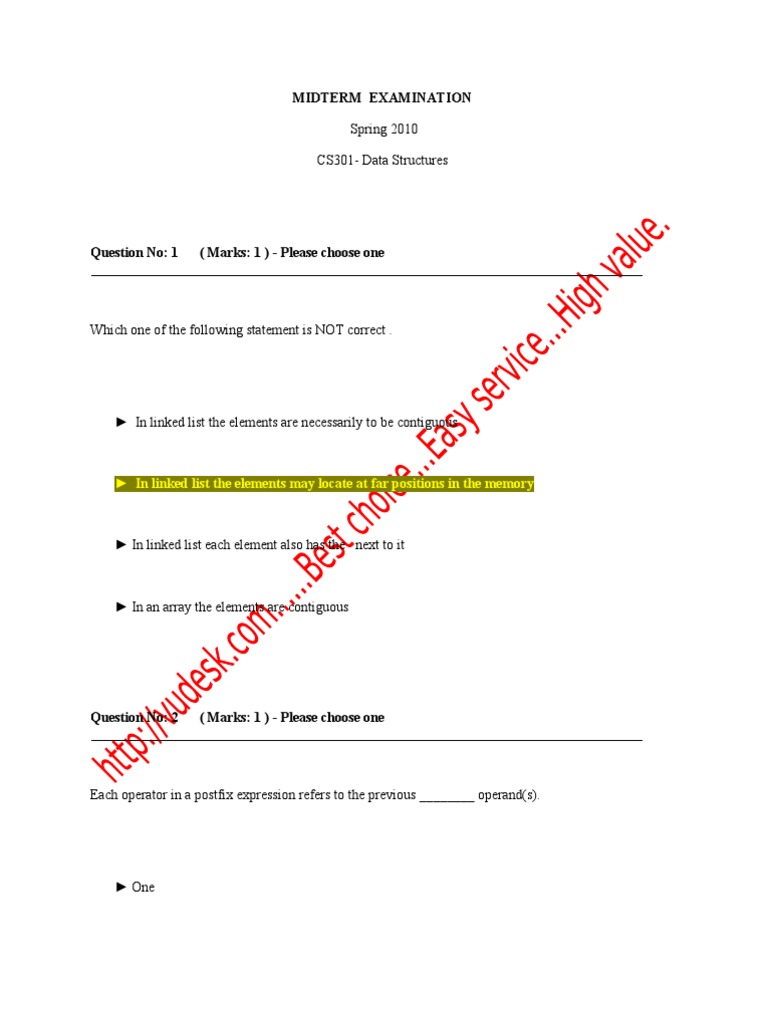 CS301 Data Structures Midterm Exam 2010 | PDF | Array Data Structure ...