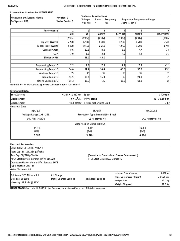 Compressor Specifications © Bristol Compressors International, Inc
