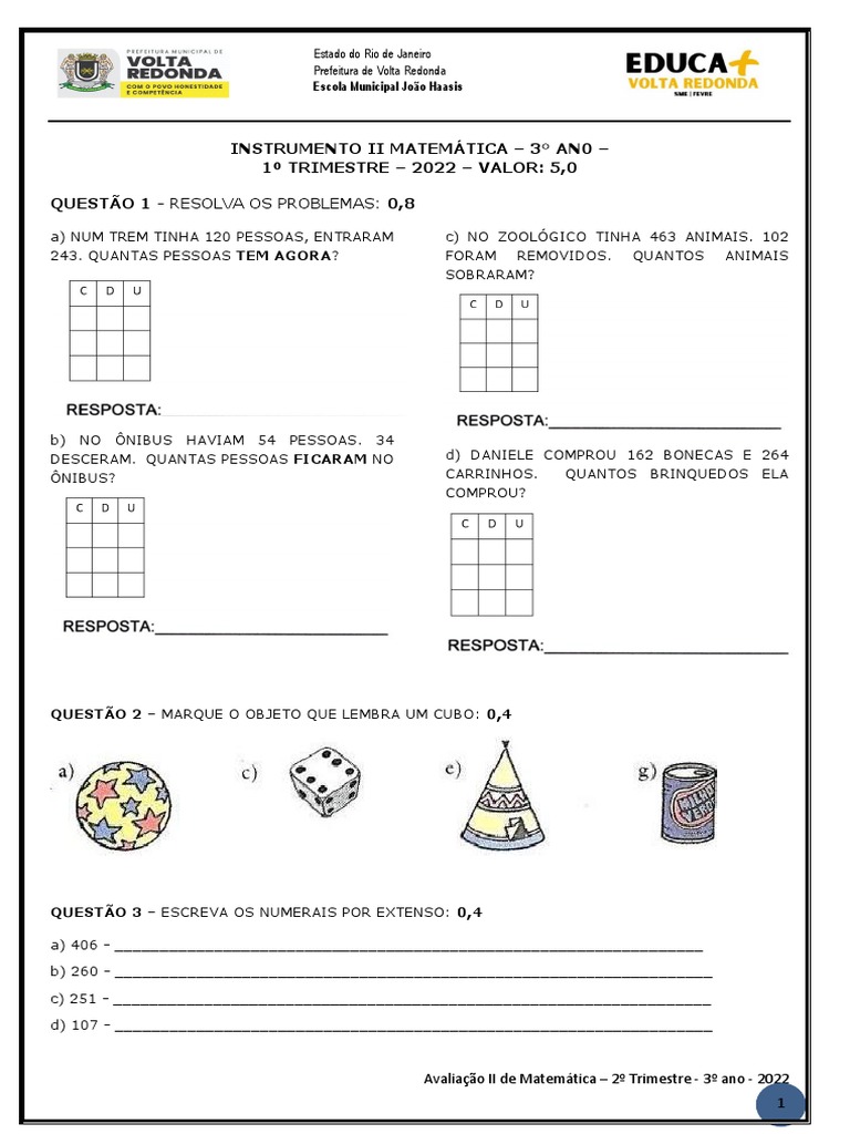 Avaliação Matemática 3º Ano - 2º Trimestre | PDF | Métodos e Materiais ...