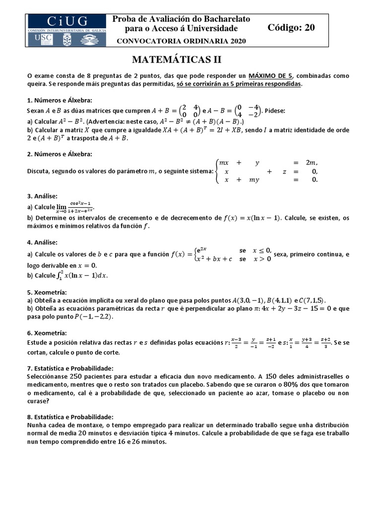 20 Matematicas II Ordinaria 2020 | PDF