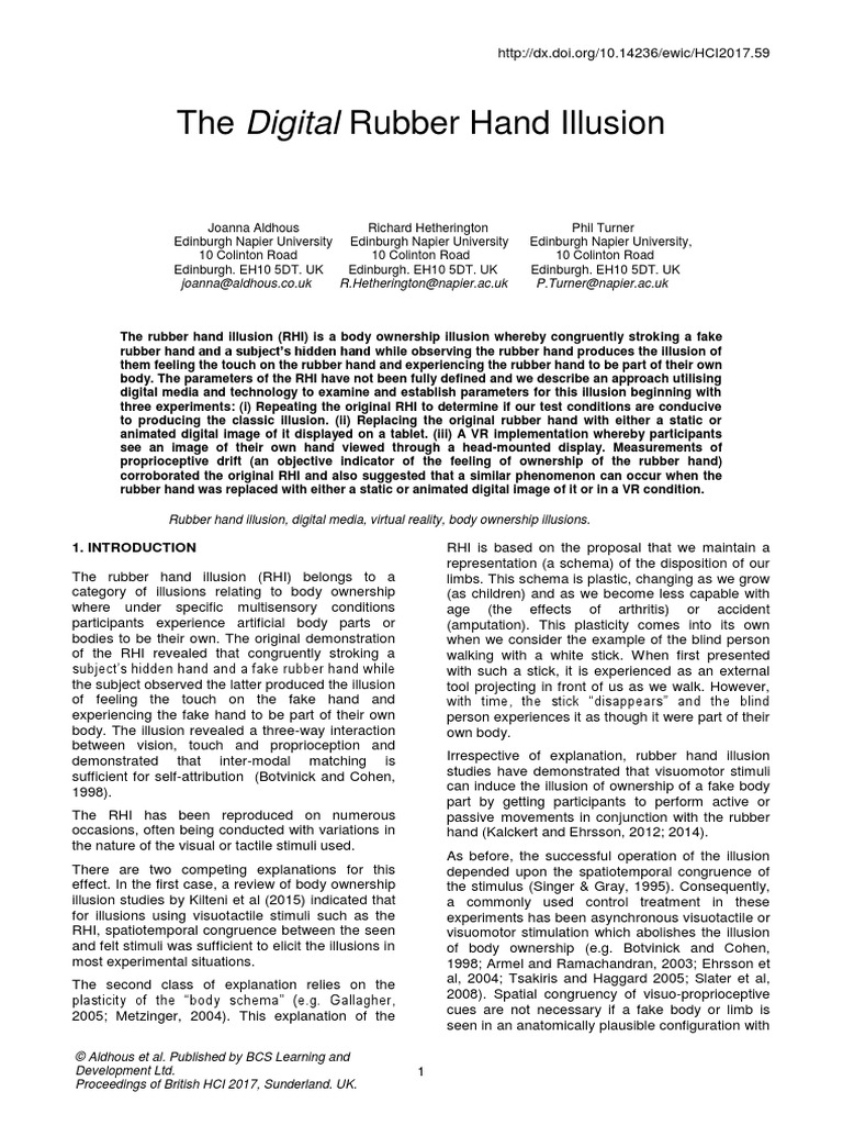 The Digital Rubber Hand Illusion PDF Virtual Reality Student's T Test