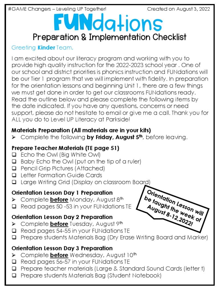 FUNdations Preparation Checklist 2022-23 | PDF | Phonics | Literacy