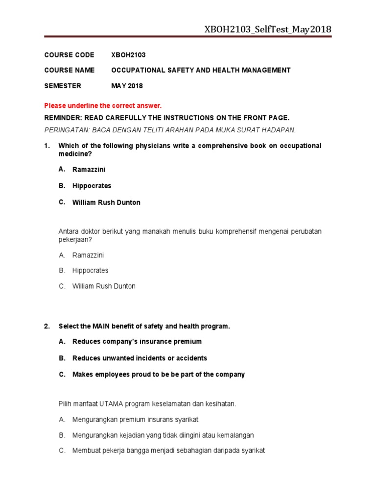 MCQ SelfTest XBOH2103 MAY2018 PDF Occupational Safety And