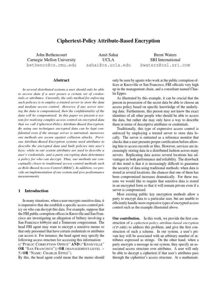 Ciphertext-Policy Attribute-Based Encryption | PDF | Key (Cryptography ...