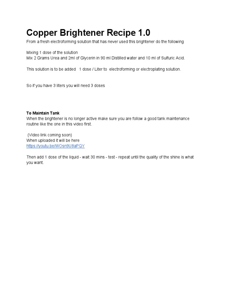 Copper Electroforming and Electroplating Brightner Recipe PDF