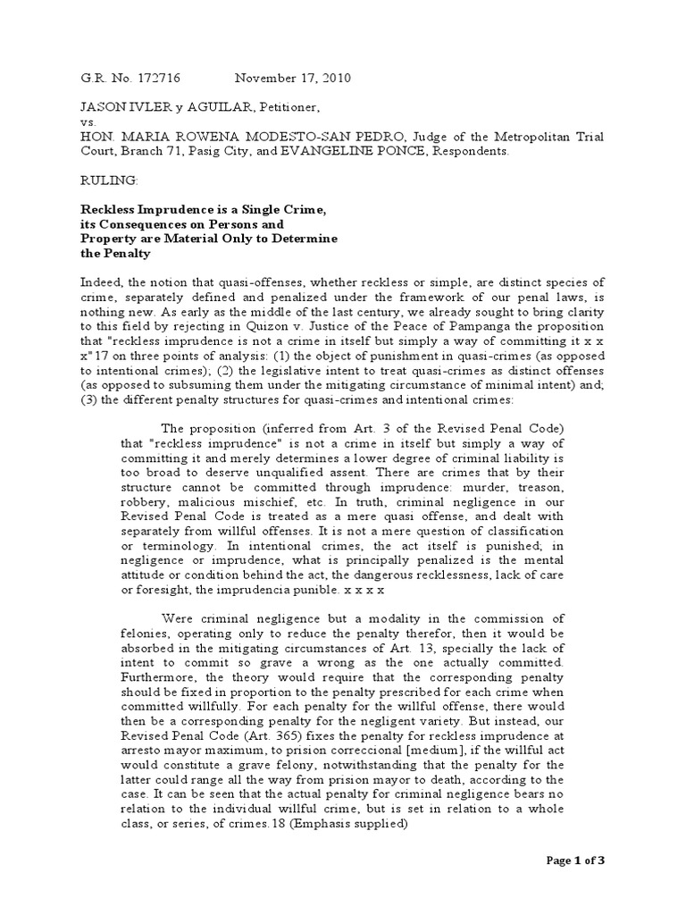 Reckless Imprudence Is A Single Crime, Its Consequences On Persons and