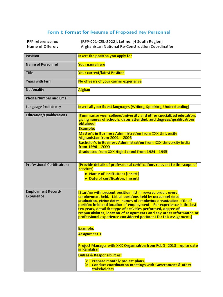 Form I Format For Resume of Proposed Key Personnel PDF