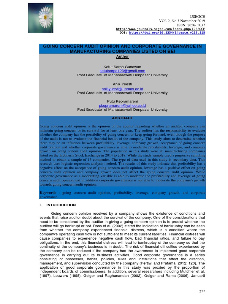 Going Concern Audit Opinion And Corporate Governance In Manufacturing
