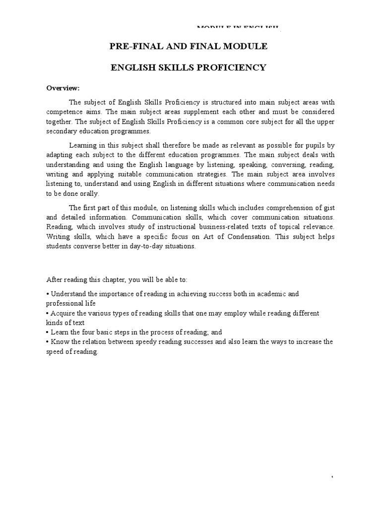 Pre-Final - Final Module - English Skills Proficiency | PDF | Speed ...