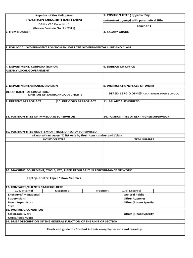 Position Description Form Copy F PDF Teachers Behavior Modification