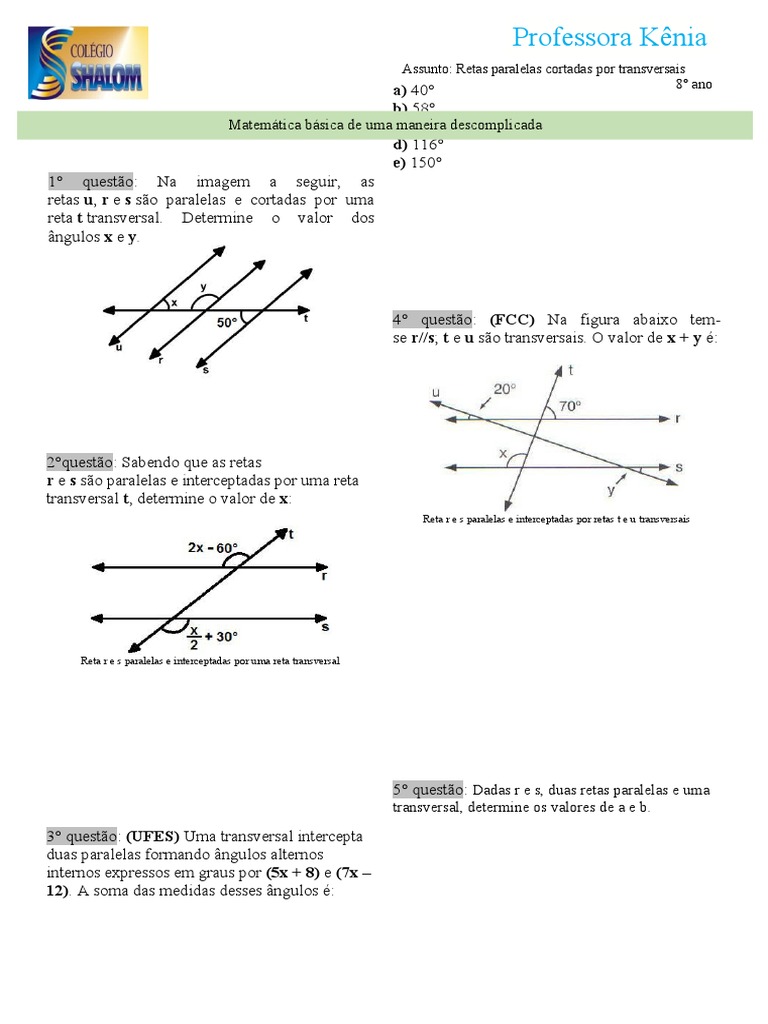 Retas Paralelas e Bissetriz (8° Ano) | PDF | Linha (Geometria) | Ângulo