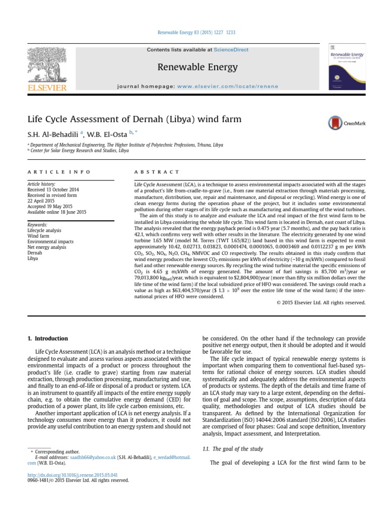 Life Cycle Assessment of Dernah (Libya) Wind Farm | PDF | Life Cycle ...