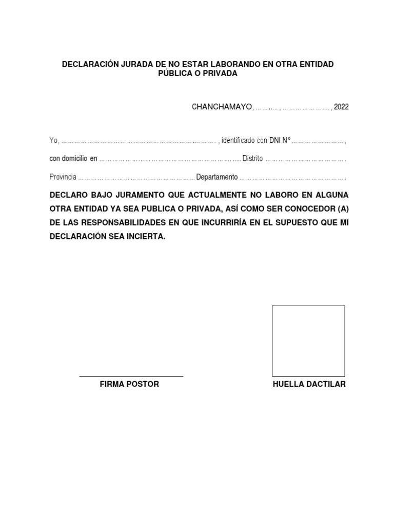 Declaracion Jurada de No Estar Laborando en Otra Entidad | PDF