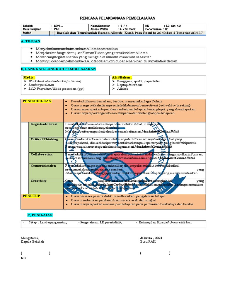 RPP Pembelajaran PAK Kelas 6 | PDF | Pengembangan Diri | Sains & Matematika