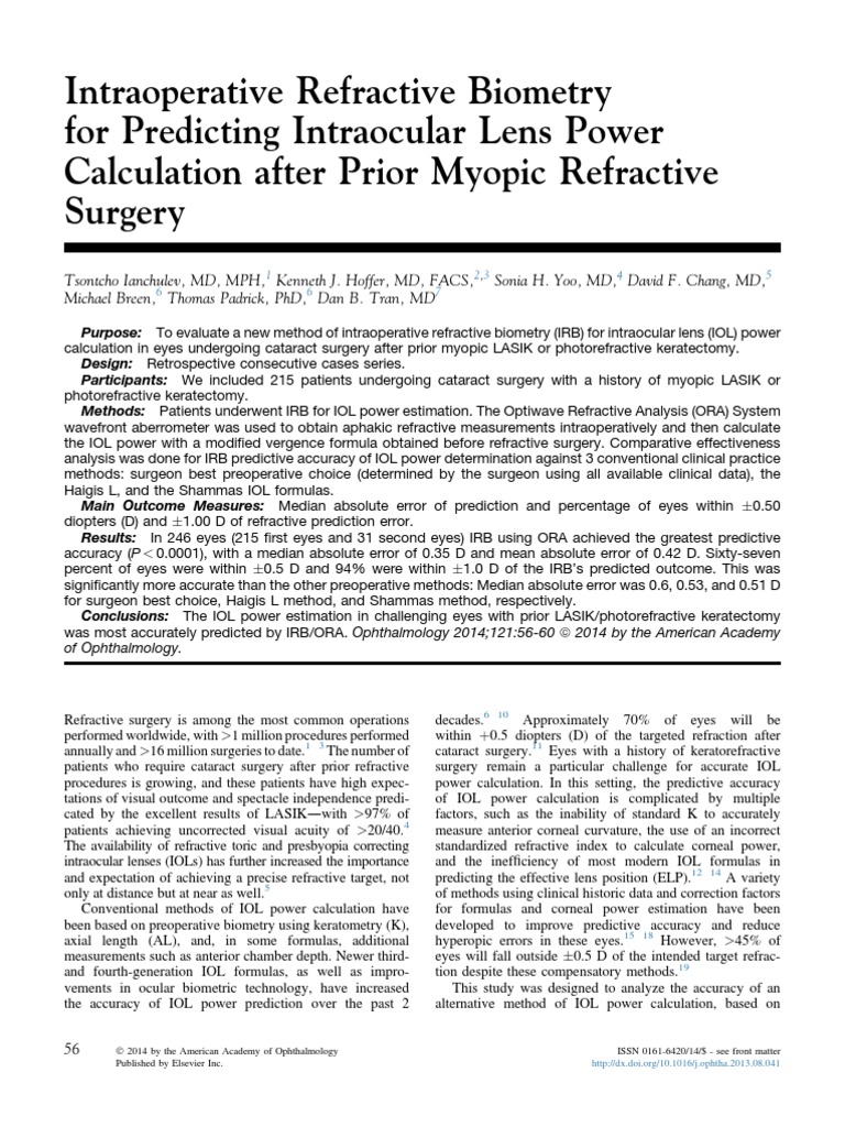 Intraoperative Refractive Biometry For Predicting Intraocular Lens Power Calculation After Prior