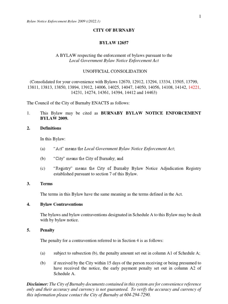 City of Burnaby: Local Government Bylaw Notice Enforcement Act | PDF ...