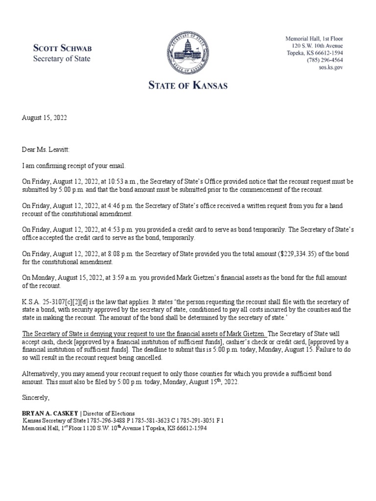 Kansas Secretary of State Letter To Melissa Leavitt | PDF | Politics | Law