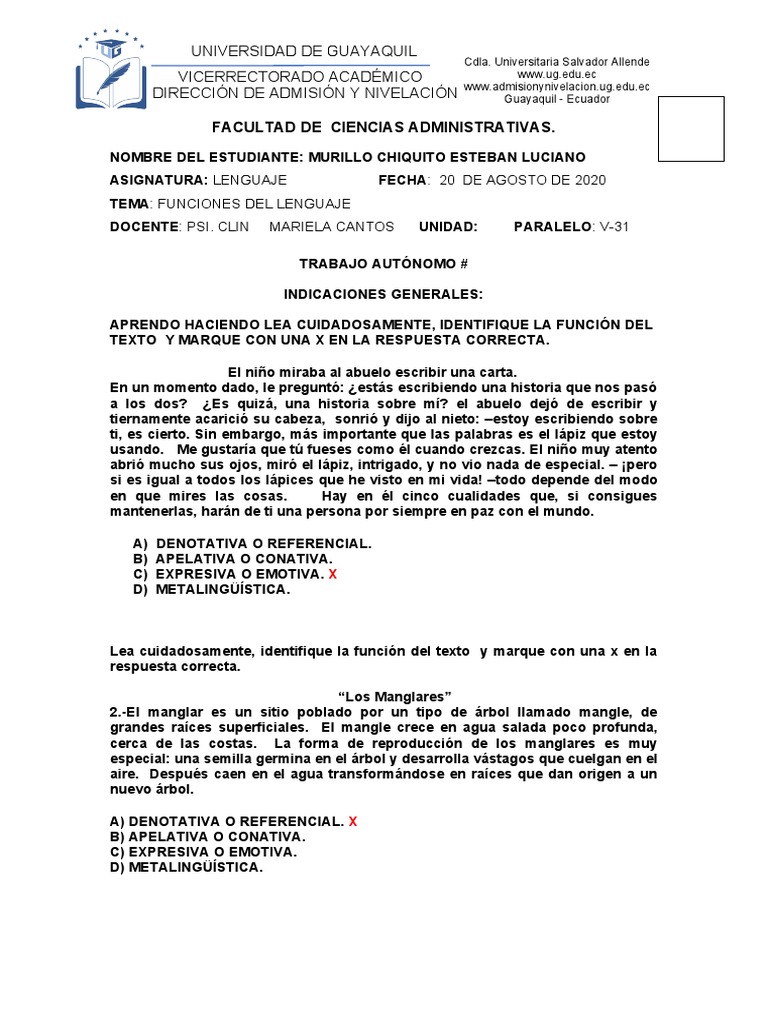 Funciones del Lenguaje en Ejercicios Académicos | PDF | Comunicación ...