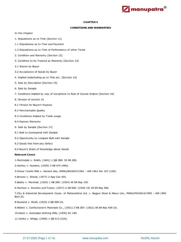 Exploring Conditions and Warranties under the Sale of Goods Act PDF