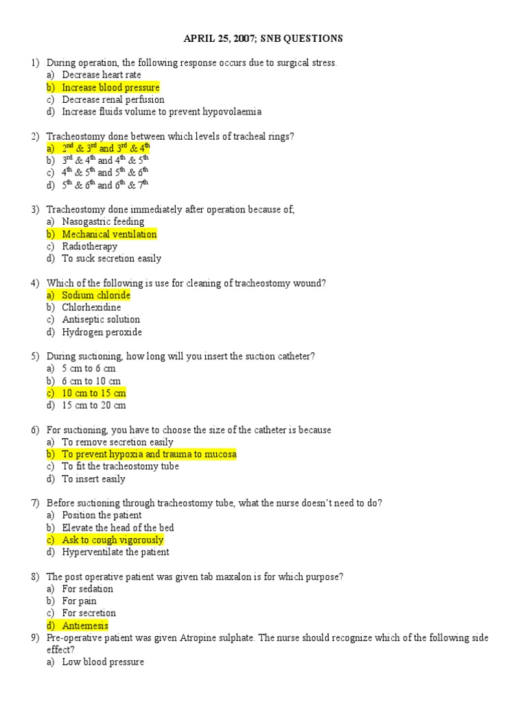SNB Exam Questions on Tracheostomy Care | PDF | Anemia | Heart
