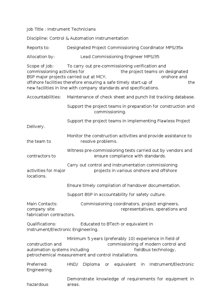 Commissioning Technician Job Description Instruments 2