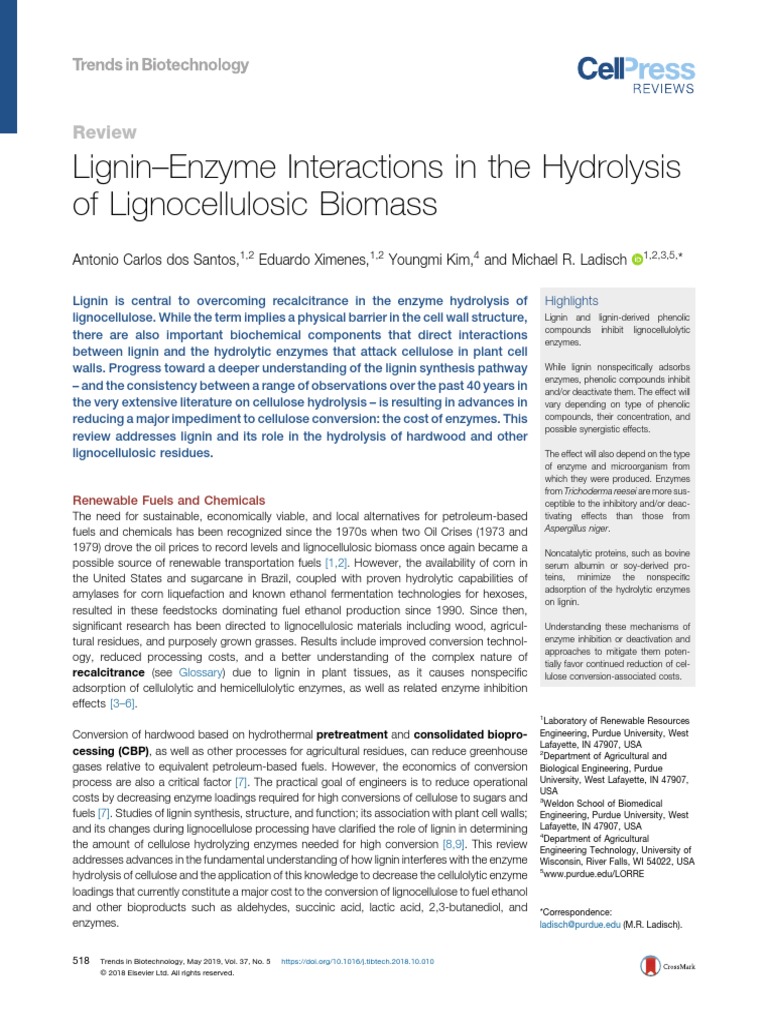 Lignin - Enzyme Interactions in The Hydrolysis of Lignocellulosic ...