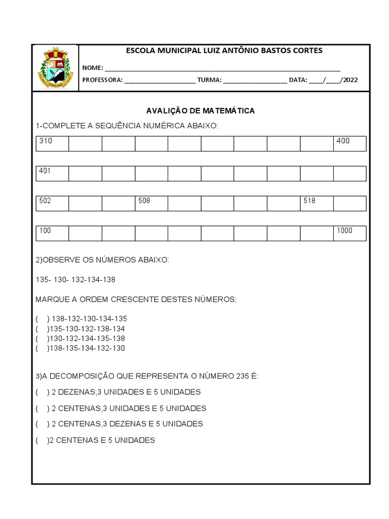Avaliação de Matemática 3º Ano | PDF | Matemática