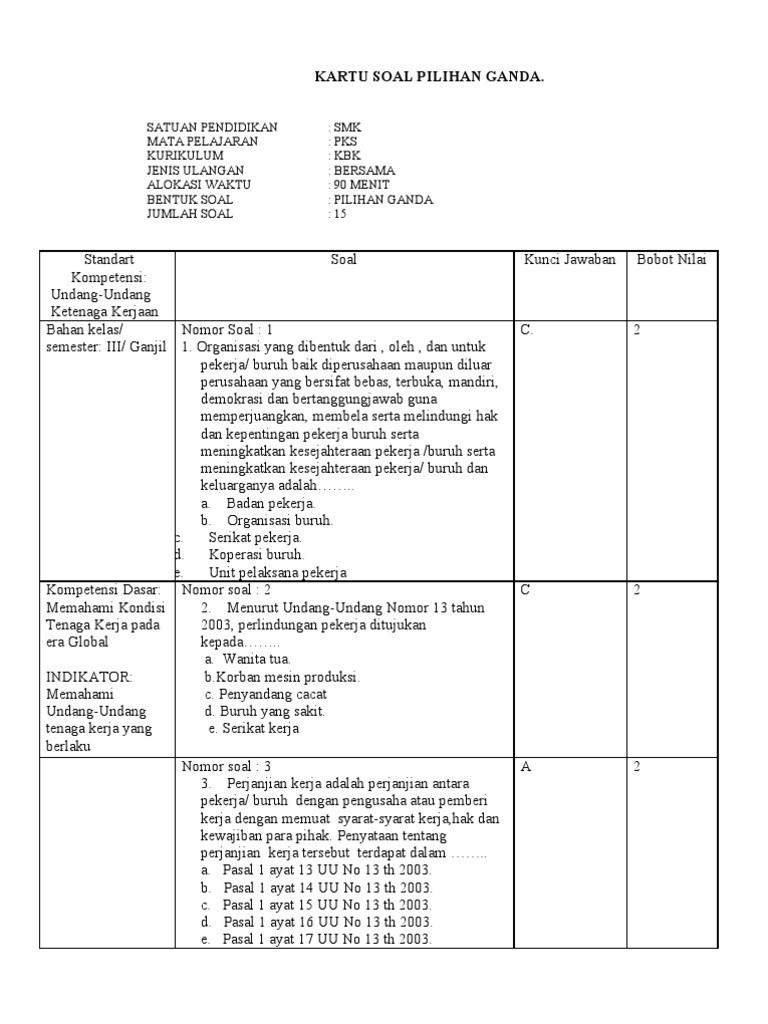 Kartu Soal Pilihan Ganda Kartu Soal Pilihan Ganda