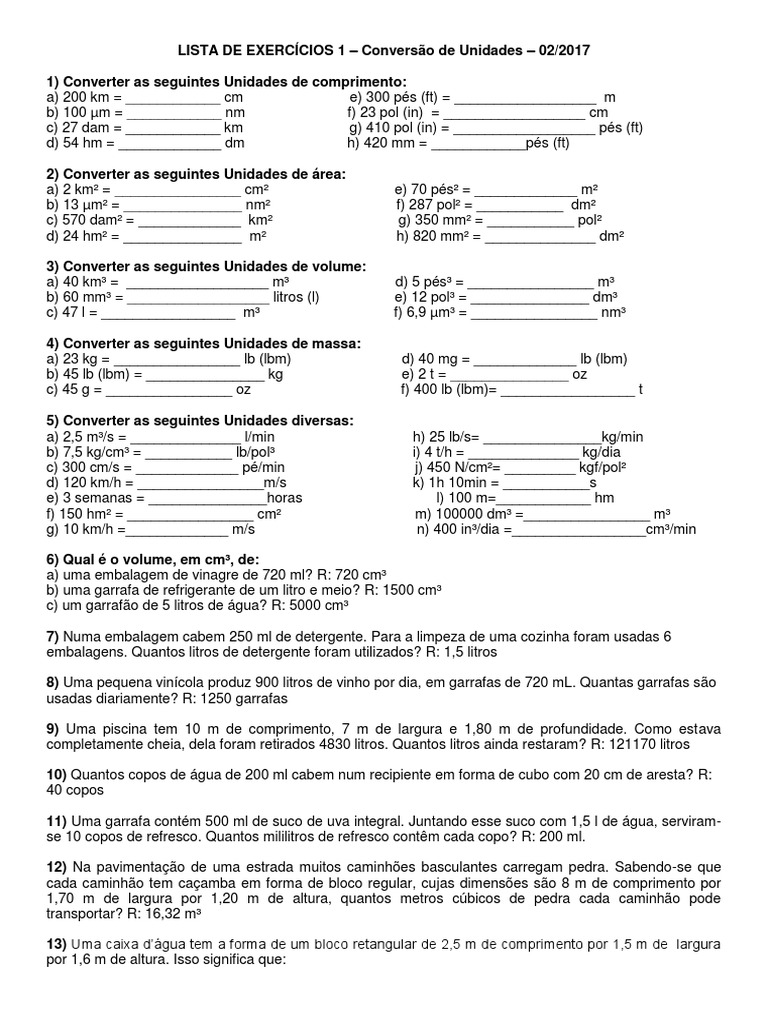 1-1 Exercícios para Conversão de Unidades | PDF | Litro | Metrologia