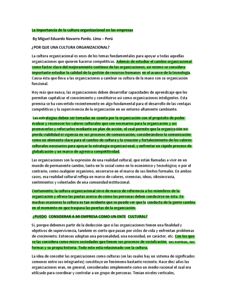 La Importancia de La Cultura Organizacional en Las Empresas | PDF ...