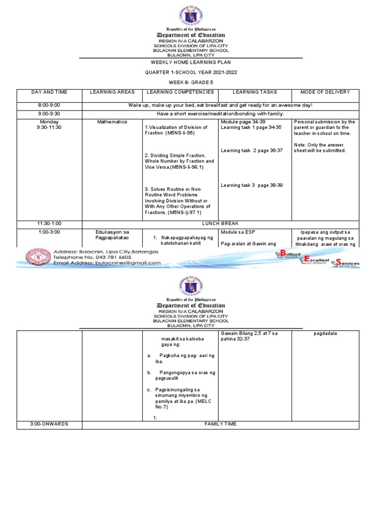 A Detailed Weekly Home Learning Plan for Grade 5 Students Focusing on