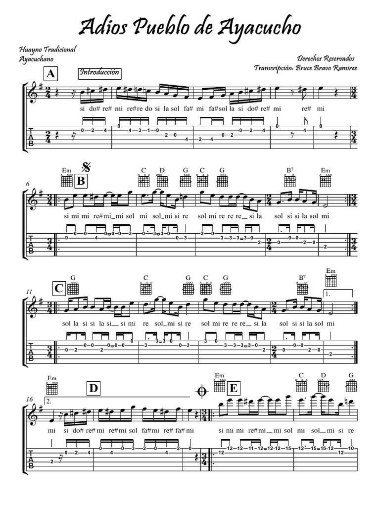Adios Pueblo De Ayacucho Guitarra 1 Partitura Completa Pdf