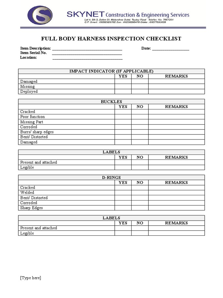 Form Checklist Inspeksi Body Harness