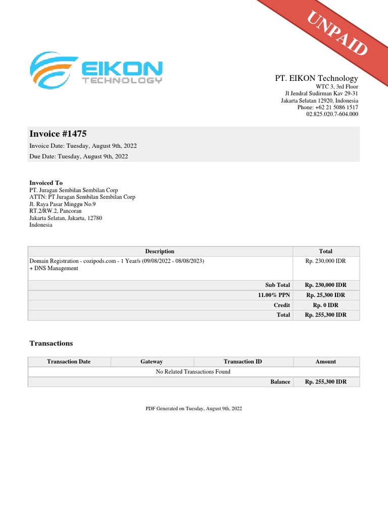 Domain Registration Invoice for PT Eikon | PDF | Indonesian Rupiah