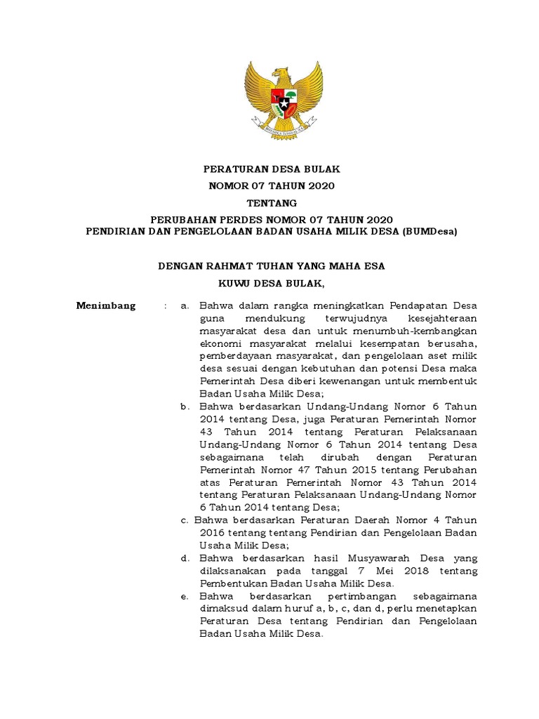 Perubahan Perdes BUMDesa 2020 | PDF