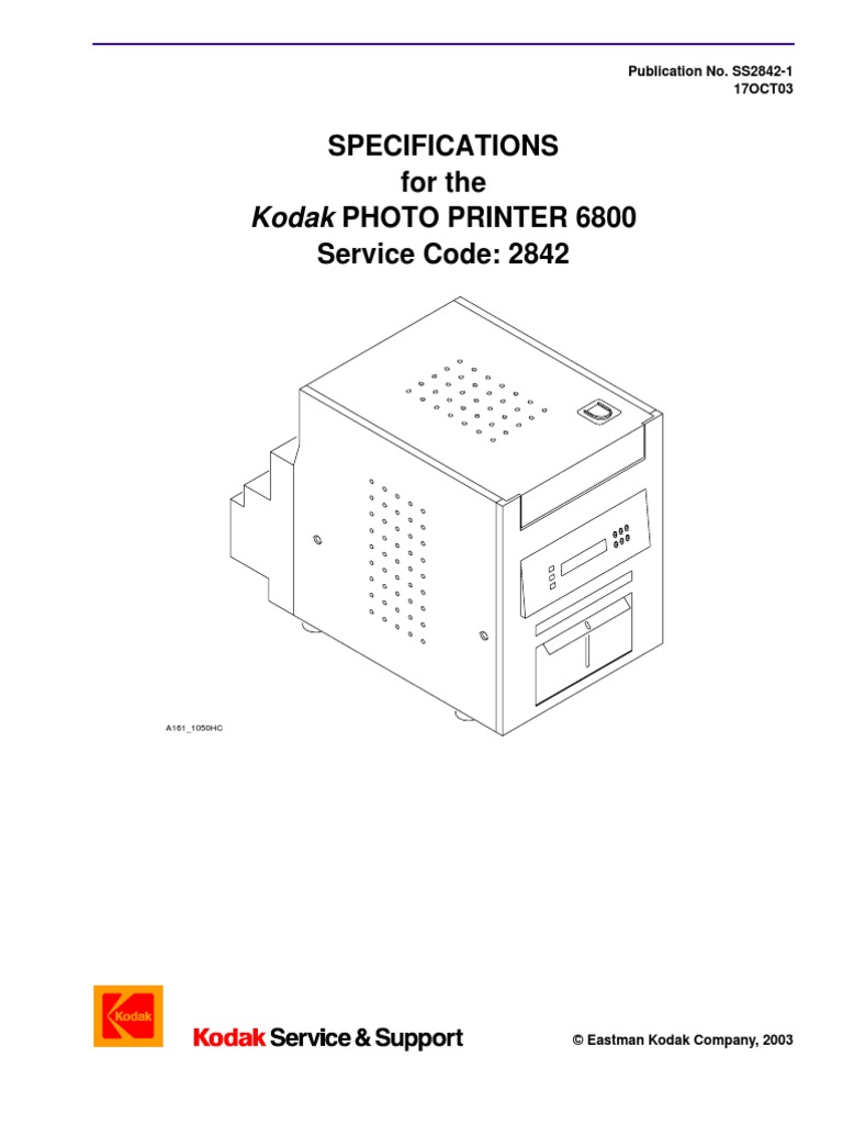 Kodak PHOTO PRINTER 6800 Specifications For The Service Code 2842