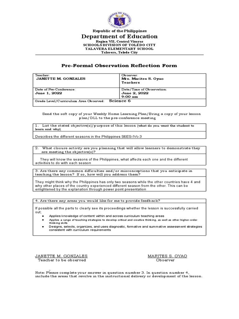 Department of Education: Pre-Formal Observation Reflection Form | PDF ...