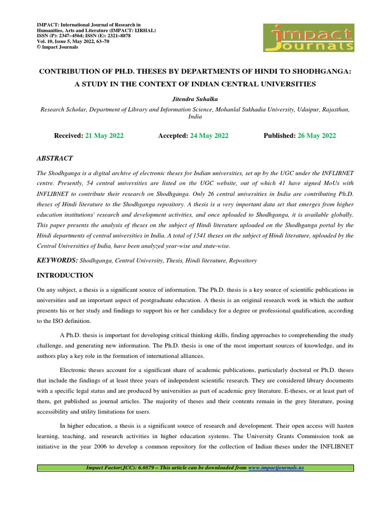 Contribution of ph d theses by departments of hindi to shodhganga a