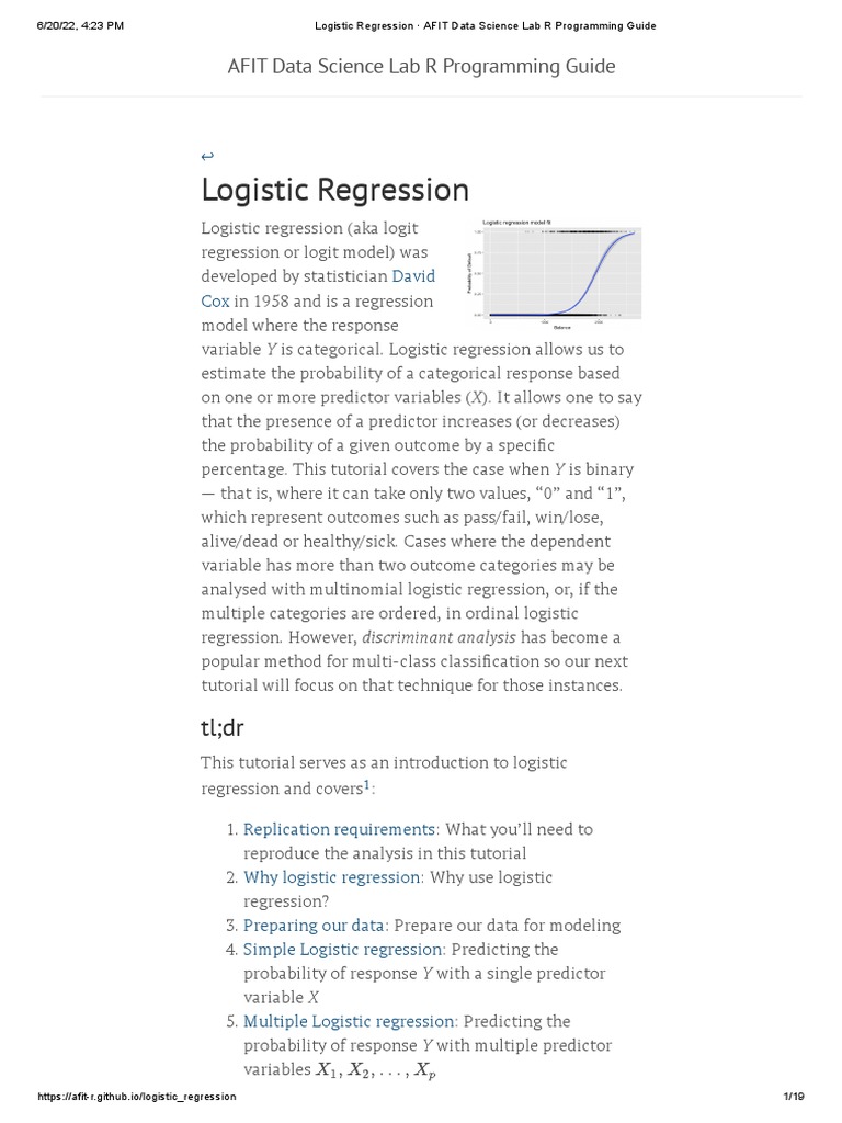 Logistic Regression AFIT Data Science Lab R Programming Guide PDF Logistic Regression