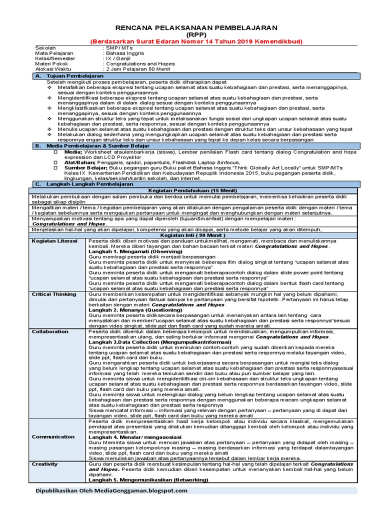 RPP 1 Lembar Bahasa Inggris Kelas 9 Semester 1 Congratulations and