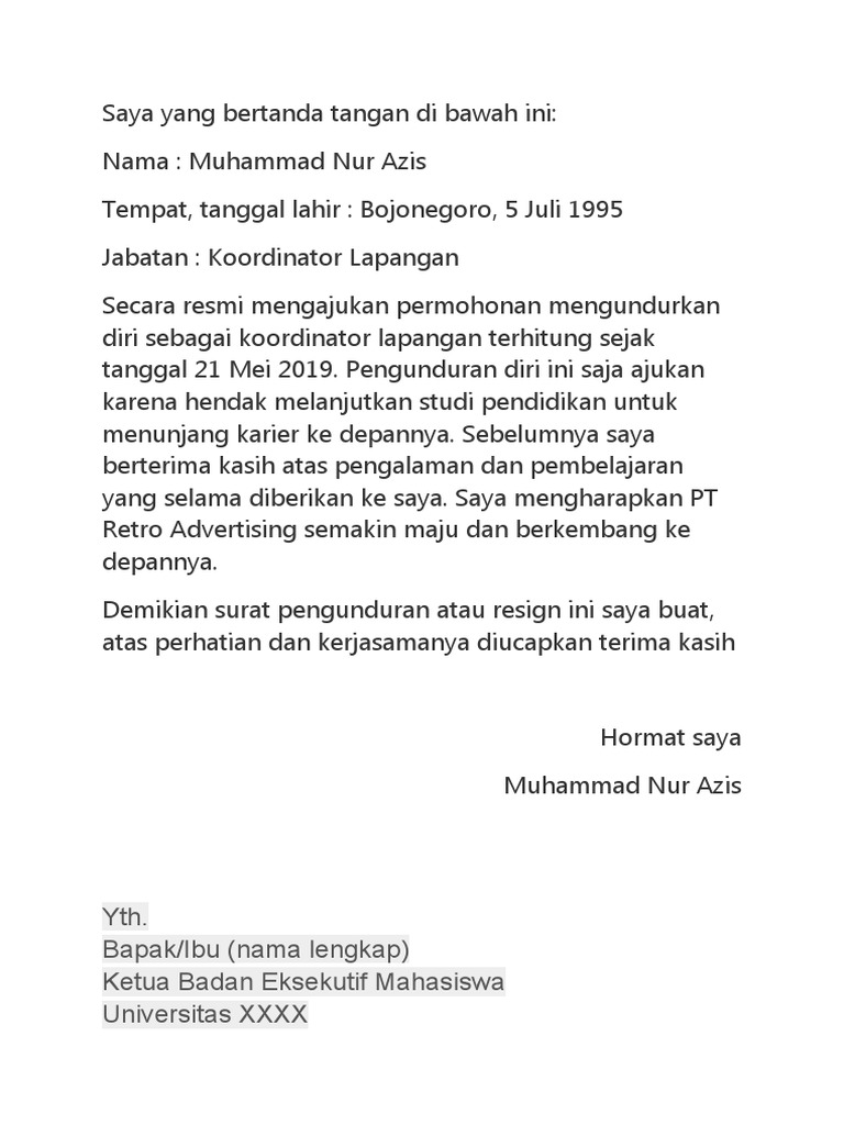 Contoh Contoh Surat Pengunduran Diri | PDF