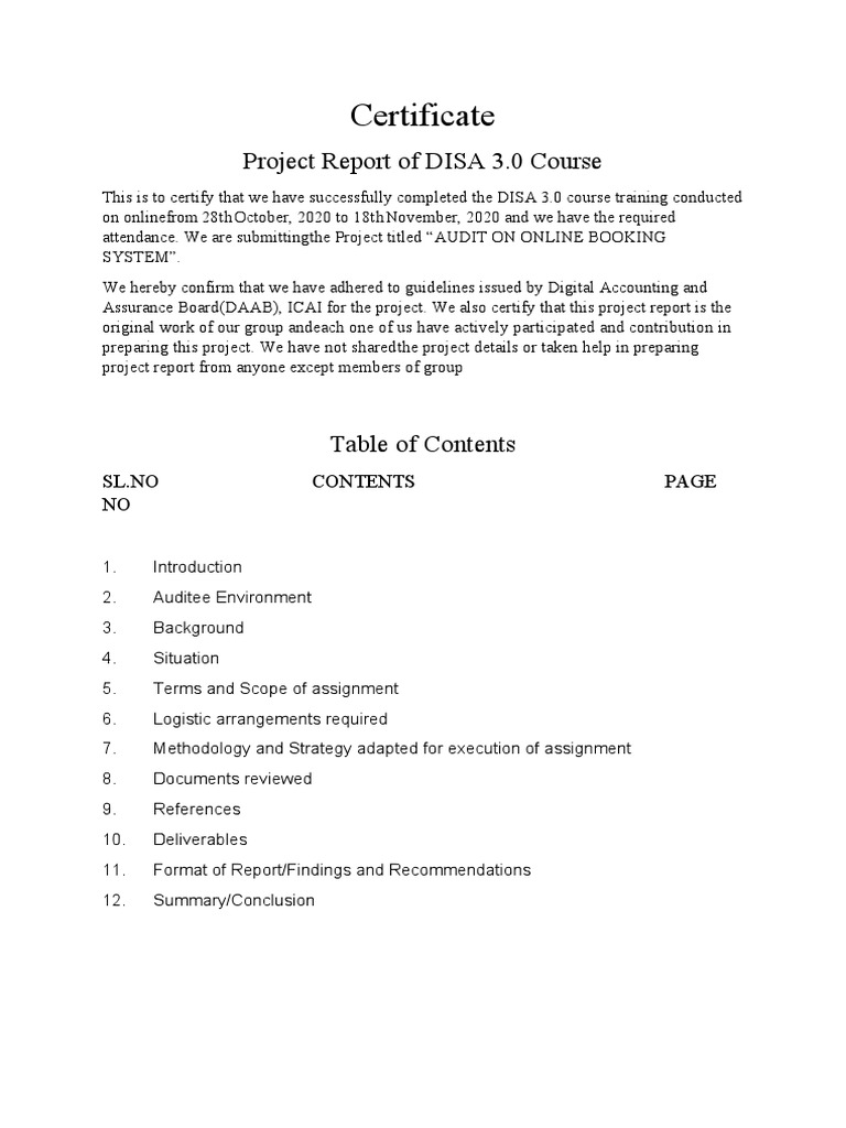 Certificate: Project Report of DISA 3.0 Course | PDF | Audit | Internal ...