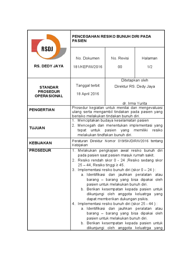 Pencegahan Resiko Bunuh Diri Pada Pasien | PDF