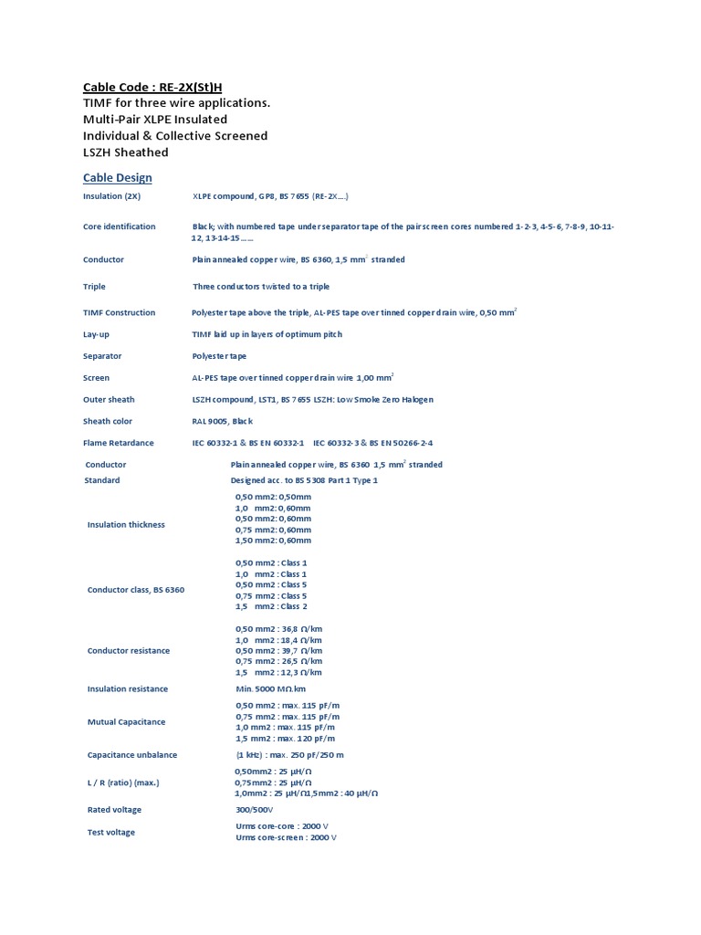 Electrical Cable Specifications | PDF | Wire | Insulator (Electricity)
