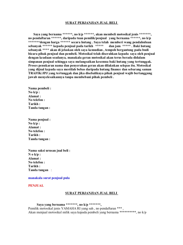surat hitam putih jual beli motosikal