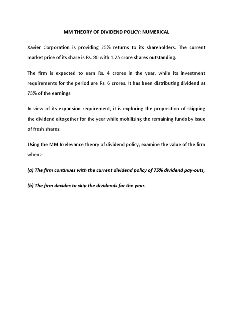 Mm Theory Of Dividend Policy Numerical Pdf Dividend Equity Finance